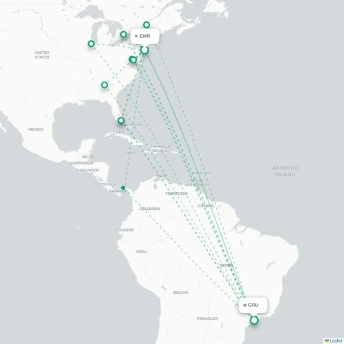 Newark - Sao Paulo karta över direktflyg