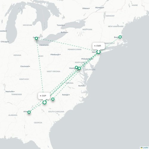 Mapa lotu bezpośredniego Newark – Greenville