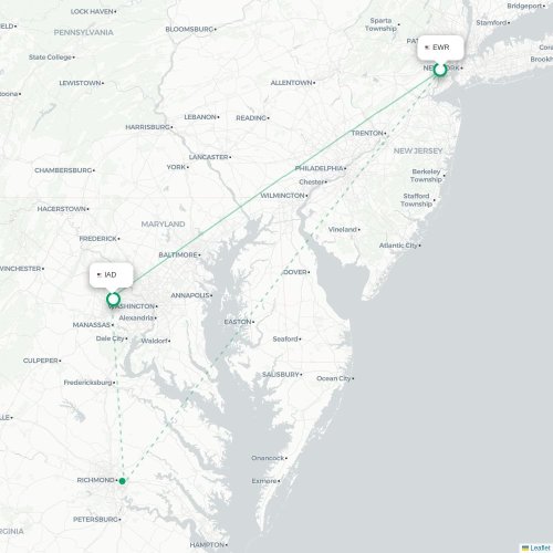 Mapa lotu bezpośredniego Newark – Waszyngton