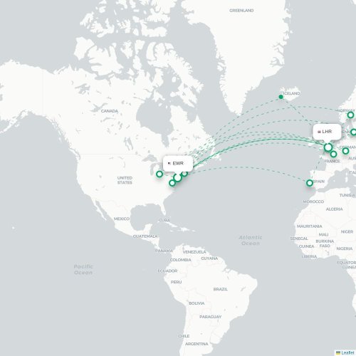 Mapa de vuelo directo Newark - Londres