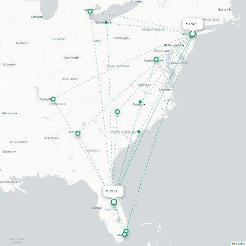 Mapa de vuelo directo Newark - Orlando