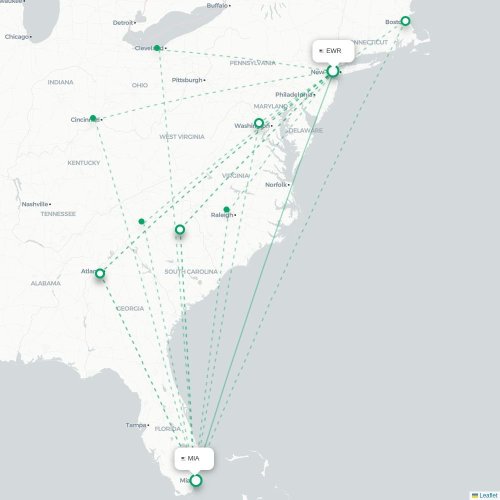 Mapa de vuelo directo Newark - Miami