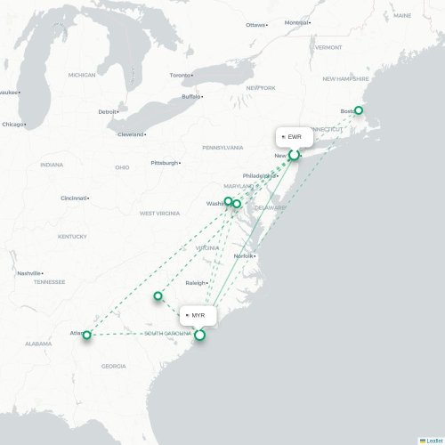 Mapa lotu bezpośredniego Newark – Myrtle Beach