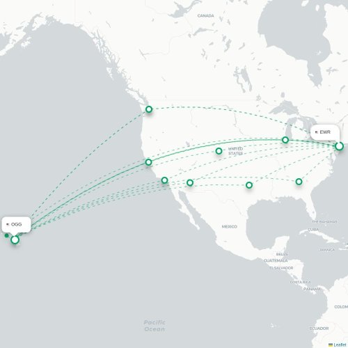 Mapa de vuelo directo Newark - Kahului
