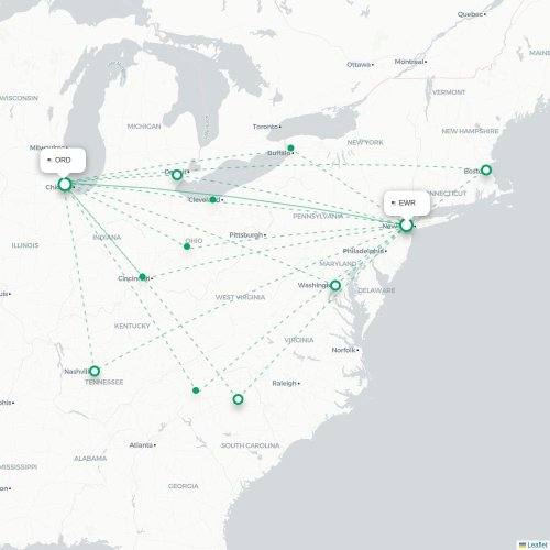 Mapa de vuelo directo Newark - Chicago