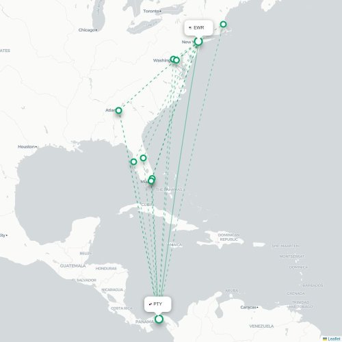 Mapa de vuelo directo Newark - Ciudad de Panamá