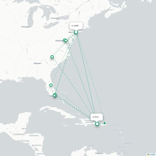 Mapa de vuelo directo Newark - Punta Cana