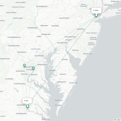 Mapa lotu bezpośredniego Newark – Richmond
