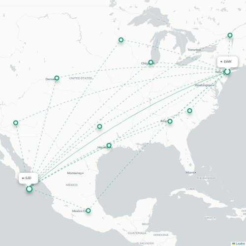 Mapa lotu bezpośredniego Newark – San Jose del Cabo
