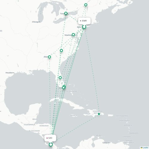 Mapa de vuelo directo Newark - San José