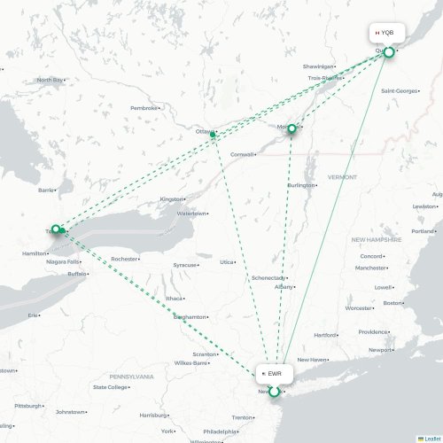 Newark - Québec City kaart van rechtstreekse vlucht