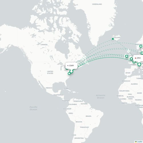 Mapa de vuelo directo Newark - Zúrich