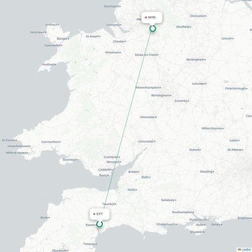 Mapa de vuelo directo Exeter - Mánchester