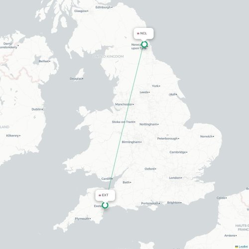 Mapa de vuelo directo Exeter - Newcastle-upon-Tyne