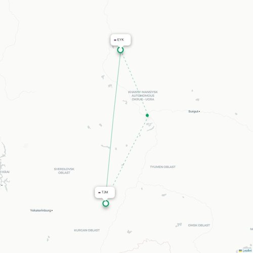 Mapa de vuelo directo Beloyarskiy - Tyumen