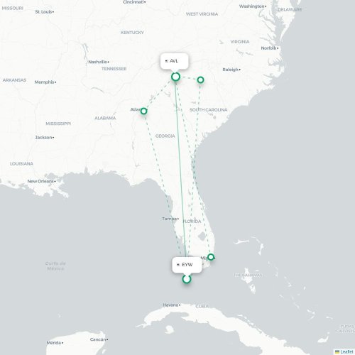 Mapa de vuelo directo Cayo Hueso - Asheville