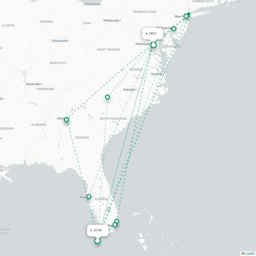 Mapa de vuelo directo Cayo Hueso - Washington D. C.