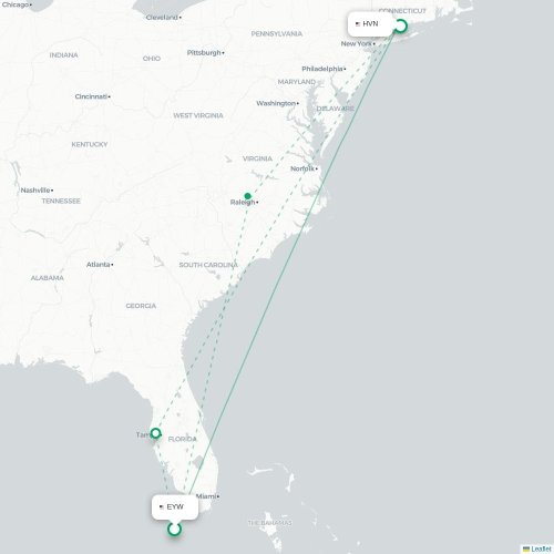 Mapa de vuelo directo Cayo Hueso - New Haven
