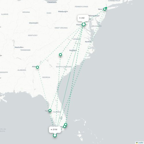 Mapa de vuelo directo Cayo Hueso - Washington D. C.