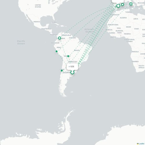 Mapa lotu bezpośredniego Buenos Aires – Madryt