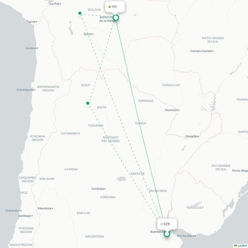 Mapa lotu bezpośredniego Buenos Aires – Santa Cruz