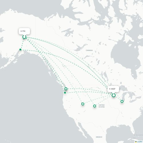 Mapa lotu bezpośredniego Fairbanks – Minneapolis