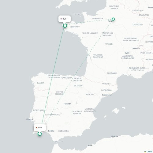 Mapa de vuelo directo Faro - Brest