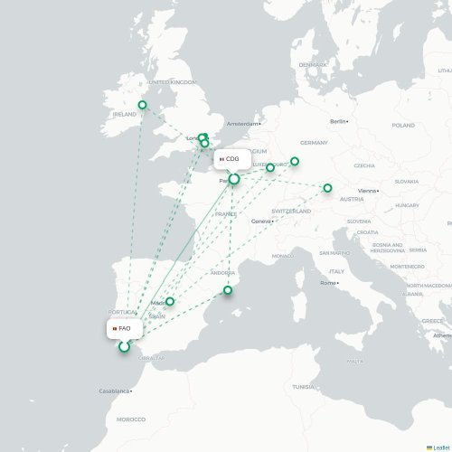 Mapa de vuelo directo Faro - París
