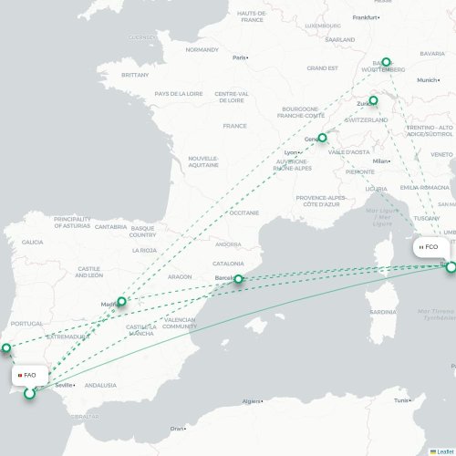 Mapa de vuelo directo Faro - Roma