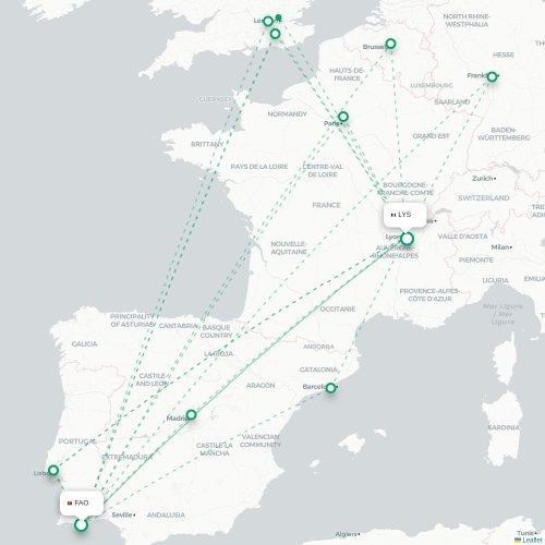 Mapa de vuelo directo Faro - Lyon