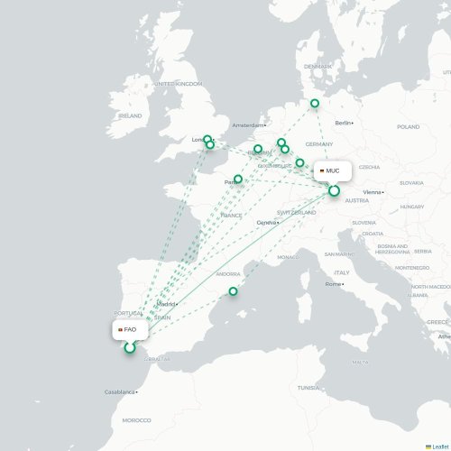 Mapa de vuelo directo Faro - Múnich