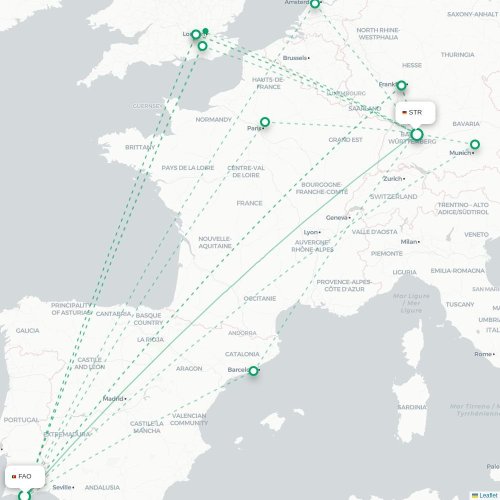 Mapa de vuelo directo Faro - Stuttgart