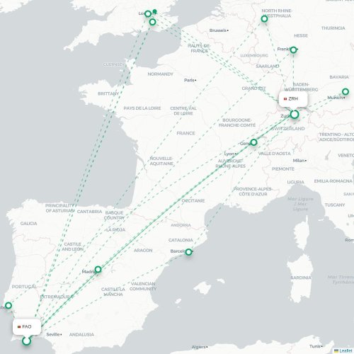 Mapa de vuelo directo Faro - Zúrich