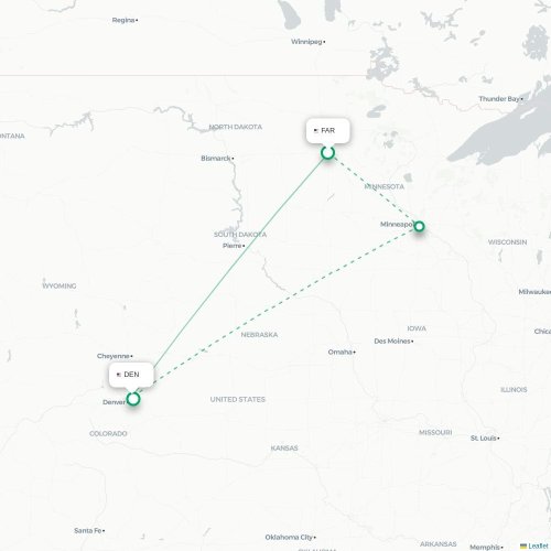 Mapa de vuelo directo Fargo - Denver