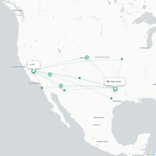 Fresno - Dallas kort over direkte fly