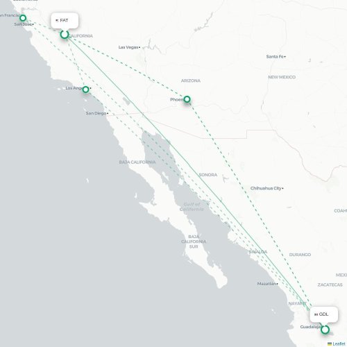 Fresno - Guadalajara kort over direkte fly