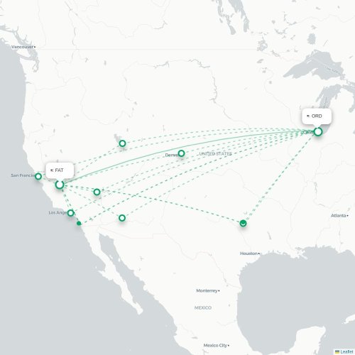 Fresno - Chicago kort over direkte fly