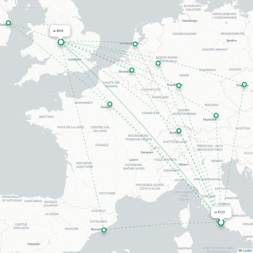 Mapa de vuelo directo Roma - Birmingham
