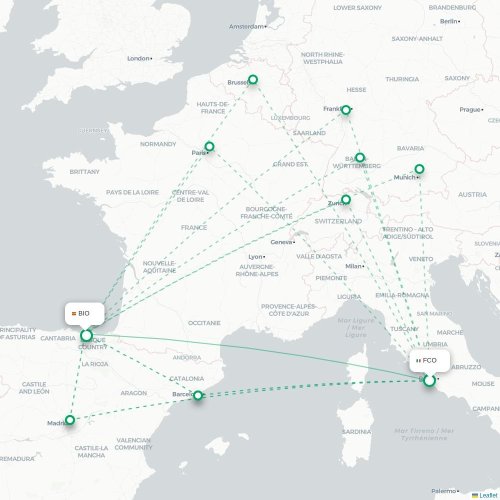 Mapa de vuelo directo Roma - Bilbao