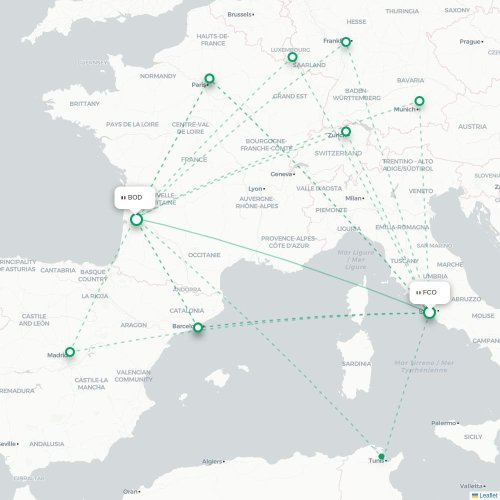Mapa de vuelo directo Roma - Burdeos