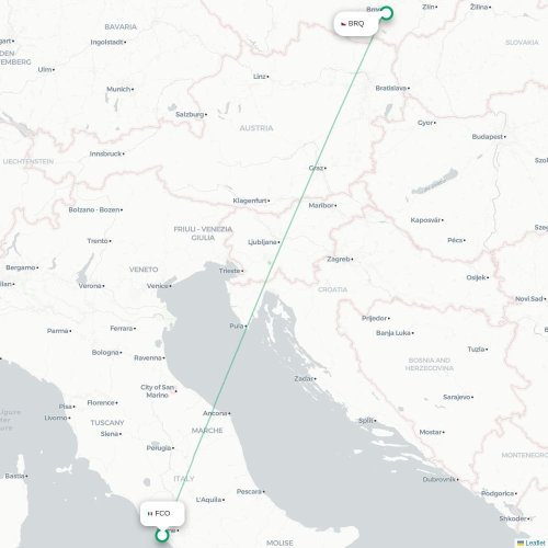 Mapa lotu bezpośredniego Rzym – Brno