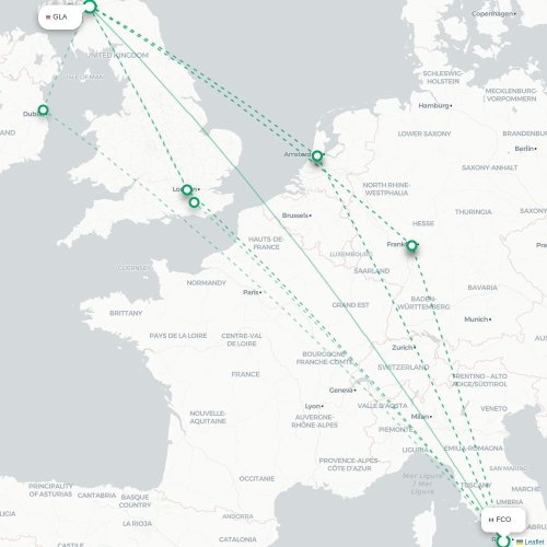 Mapa lotu bezpośredniego Rzym – Glasgow