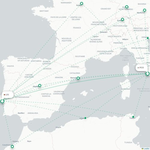 Mapa lotu bezpośredniego Rzym – Lizbona