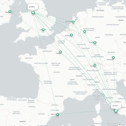 Mapa de vuelo directo Roma - Mánchester