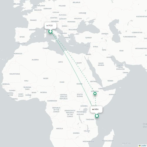 Mapa de vuelo directo Roma - Mombasa