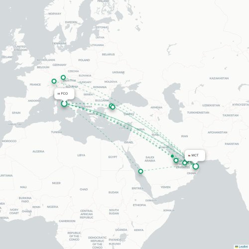 Mapa lotu bezpośredniego Rzym – Maskat
