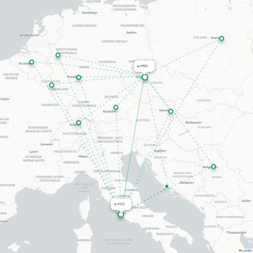 Mapa lotu bezpośredniego Rzym – Praga