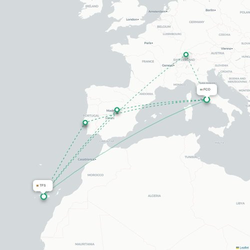 Mapa de vuelo directo Roma - Granadilla de Abona