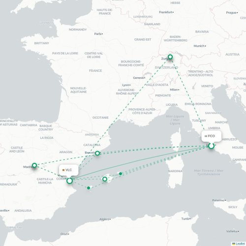 Mapa de vuelo directo Roma - Valencia