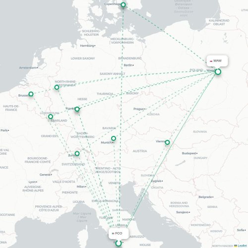 Mapa lotu bezpośredniego Rzym – Warszawa